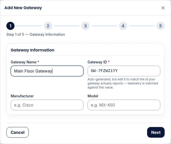 Step 1 of the Add Gateway wizard