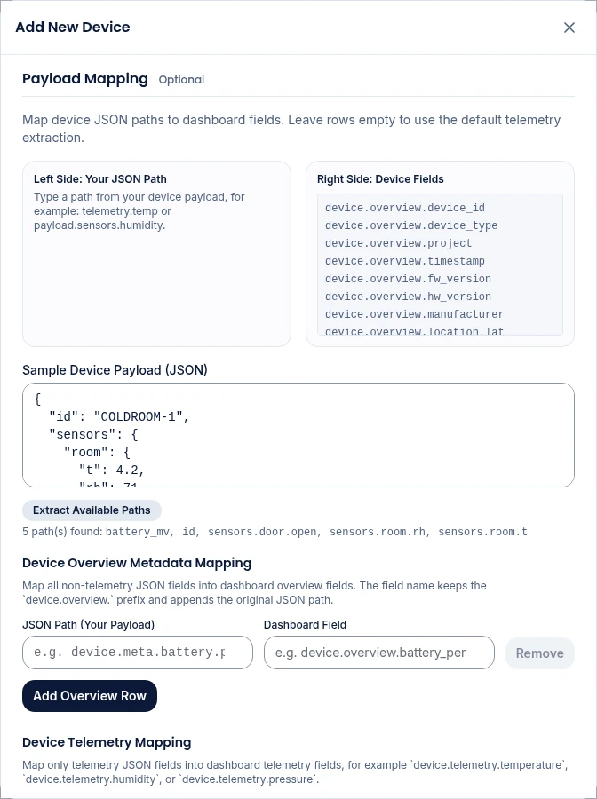 The Payload Mapping step with a sample pasted and its paths extracted