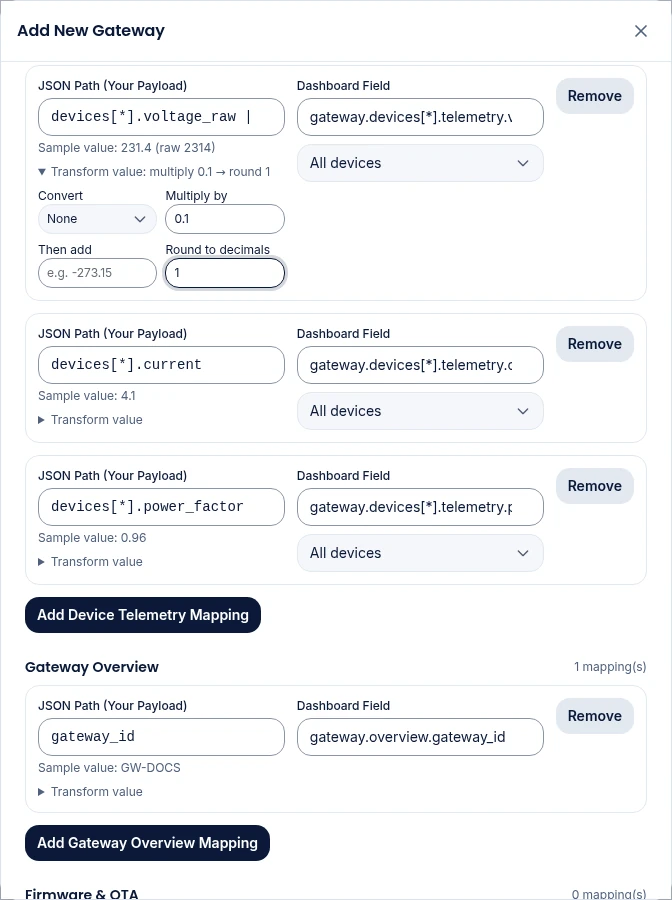The Transform value panel