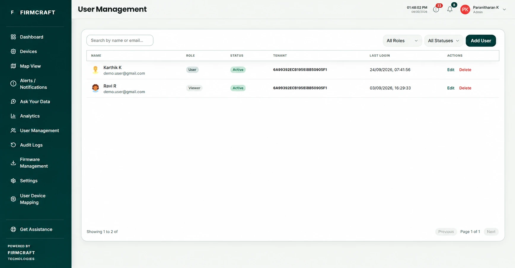 The User Management page