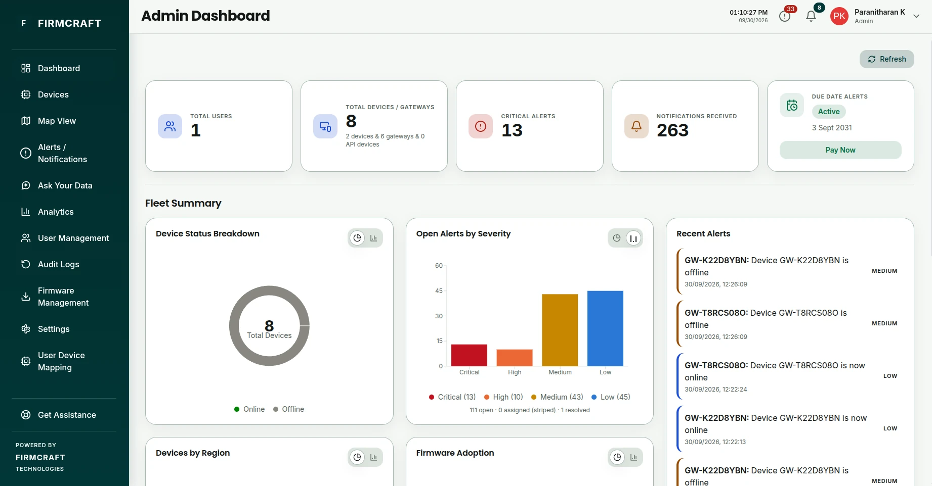 The IoT Dashboard home page