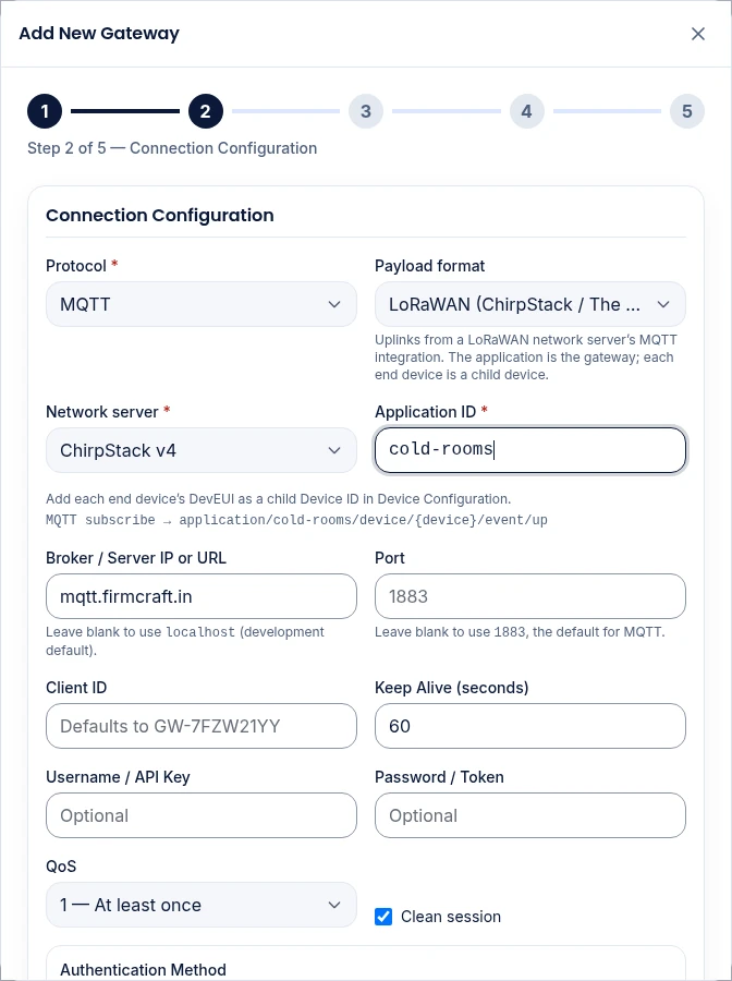 Step 2 with LoRaWAN selected